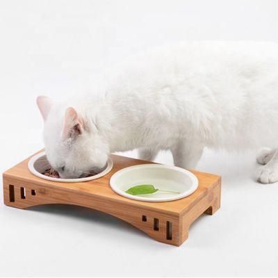 Pet Feeder Bamboo Bowl Food Water Dish Ceramic Gift