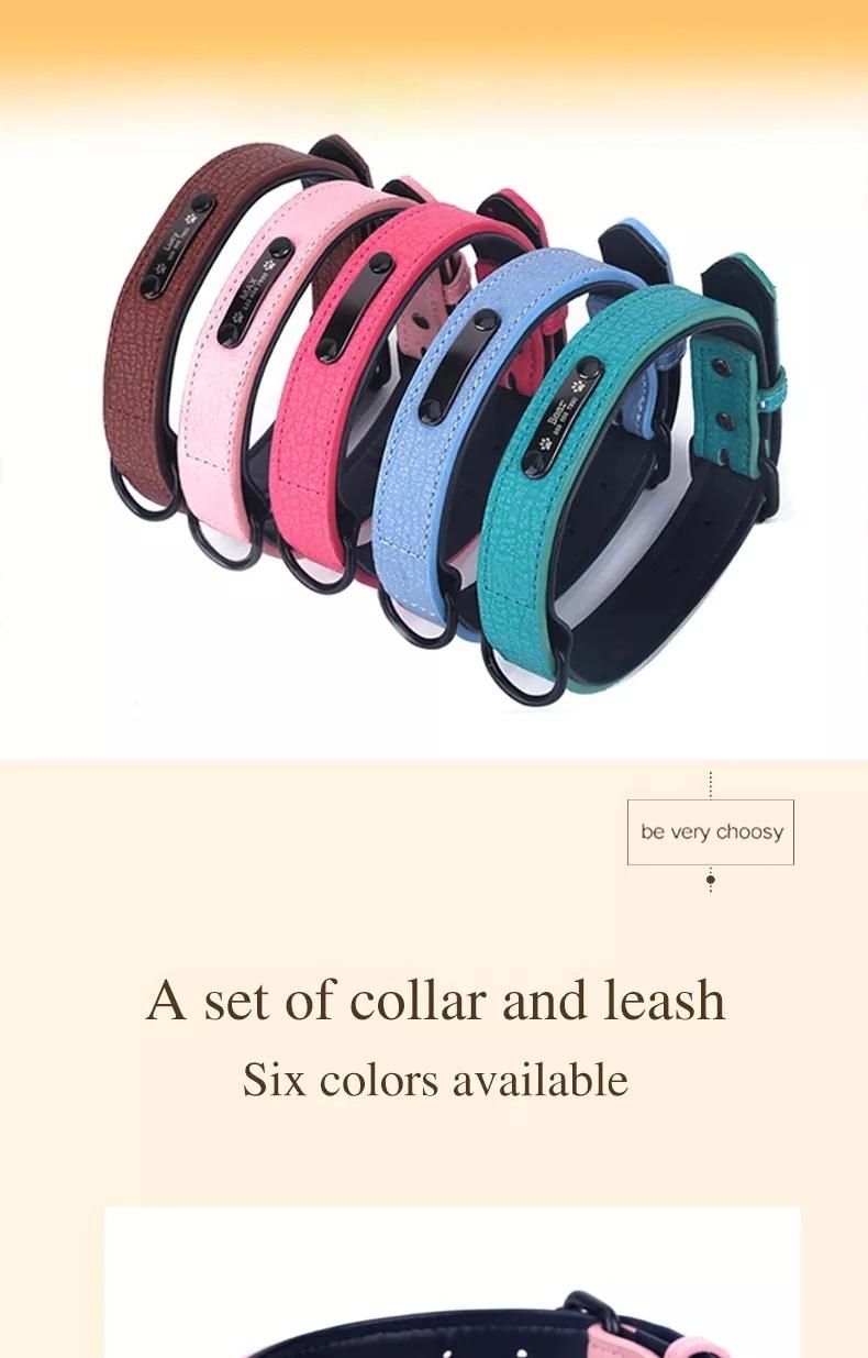 Custom Logo Plain PU Leather Dog Collar Leash Set Soft Adjustable Padded Faux Leather Dog Collar with Lead Dog Collars in Bulk