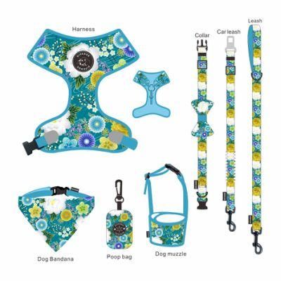 Manufacturers Designer Custom Pattern Luxury Printed Mesh 2 in 1 Reversible Dog Harness Collar Leash Bandana Set