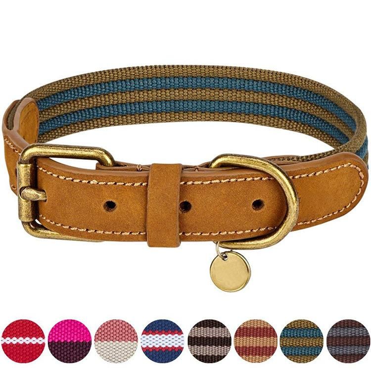 Multicolor Durable Genuine Leather Luxury Cowhide Nylon Pet Dog Collar with Copper Buckle