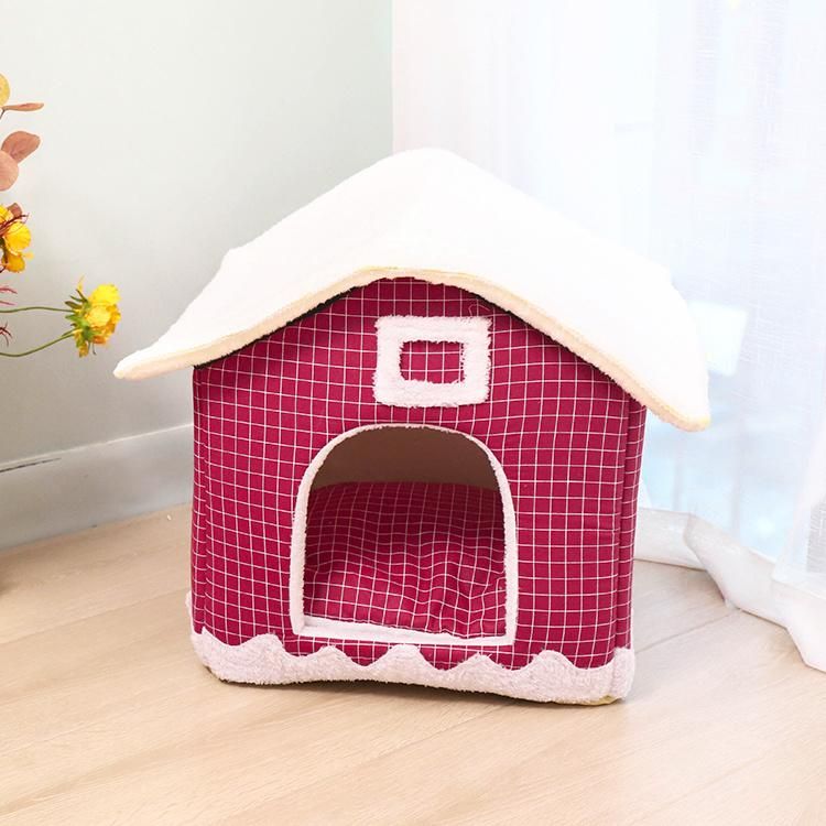 Christmas Winter Warm Indoor Soft Kennel Pet Large Dog House Doggy Beds with Mat Red Soft Dog House