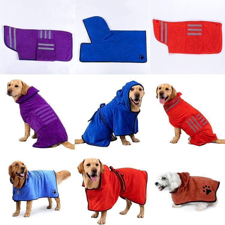 Quick-Drying Hooded Belted Dog Paw Embroidery Style Microfiber Dog Bathrobe Towel