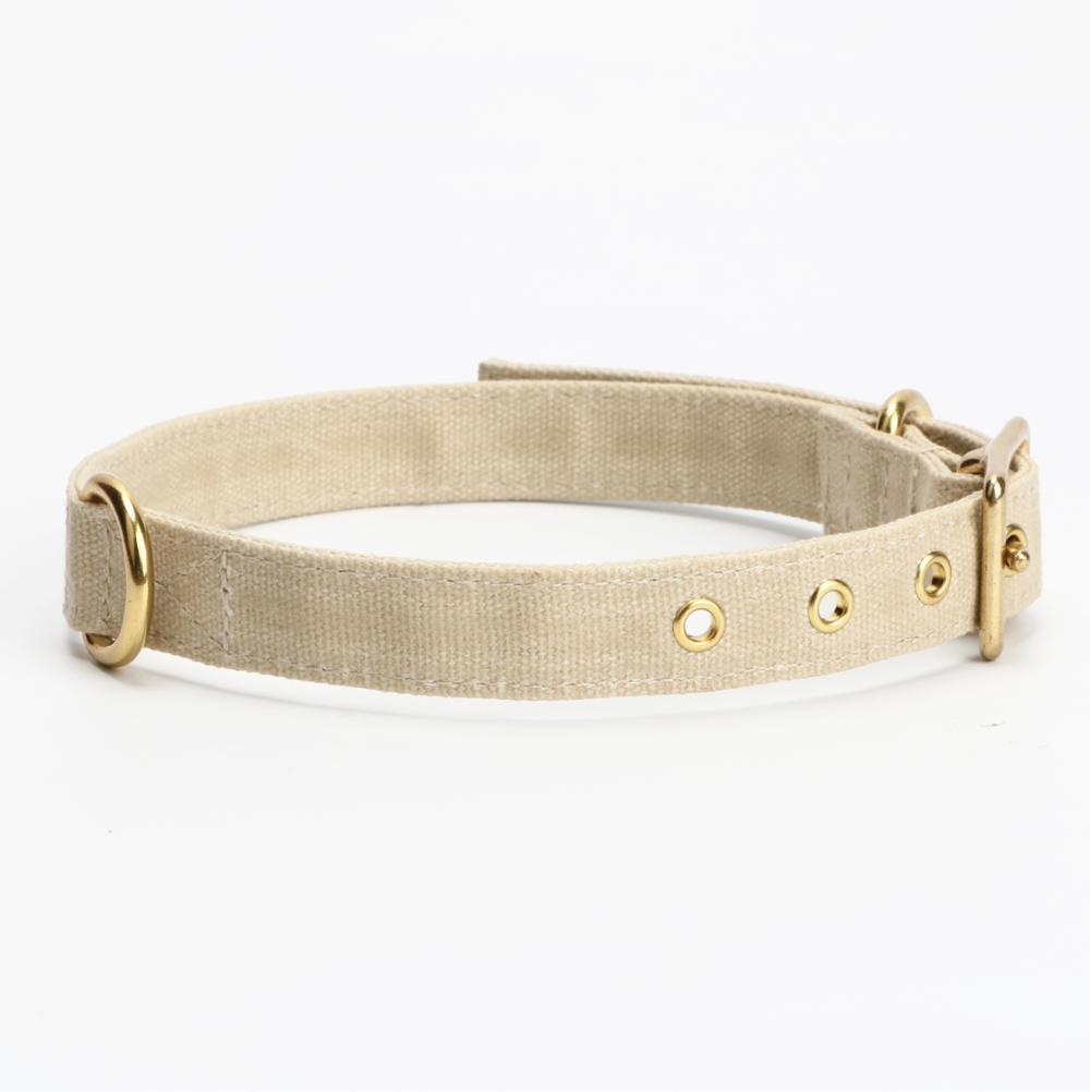 Eco Friendly Light Grey Canvas Waxed Dog Collar with Brass Metal