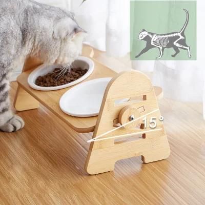 Elevated Cat Ceramic Bowls, Small Dog 15&deg; Tilted Raised Food Feeding Dishes, Solid Wood Water Stand Feeder Set for Cats and Puppy