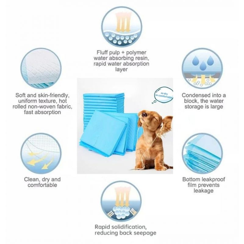 60X60cm Blue Disposable Absorbent Hygiene Sheet Incontinence Pet Training Dog Puppy Disposable Pads Quick Dry No Leaking PEE Pads CE SGS BV FDA