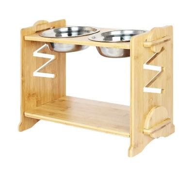 Elevated Double Bowls with Bamboo Stand Adjustable Pet Feeder