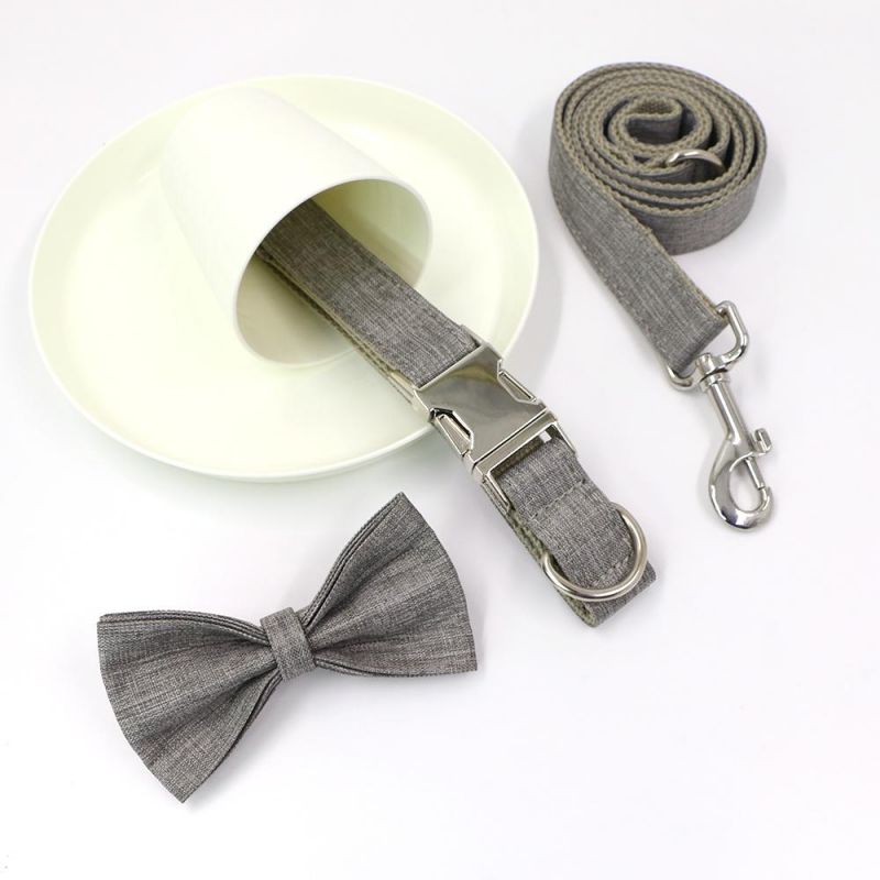 Wholesale Fashion Design Handsome Style Personalized Grey Cotton Webbing Pet Collars Leash Doggie Bow Tie Dog Collar Leash Sets