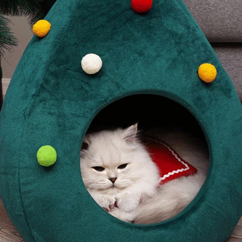 New Pet Cat Dog House Kennel Puppy Sleeping Bed Christmas Tree Shape Winter Warm Bed