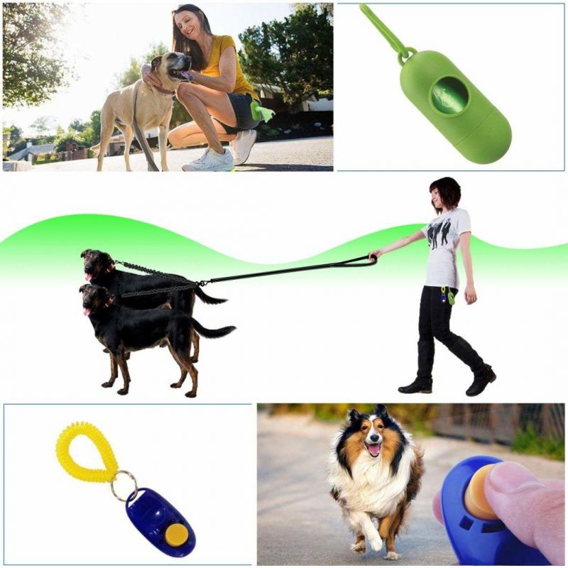 360&Deg Swivel No Tangle Double Dog Walking & Training Leash with Dogs Waste Bag Dispenser Dog Training Clicker
