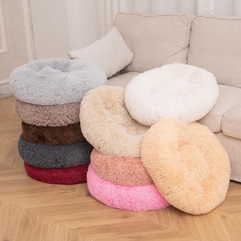 Plush Faux Fur Donut Cuddler Cat Dog Bed, Throw Blanket Cushion for Pet (Multiple Sizes & Colors)