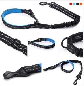 Heavy Duty Adjustable Reflective Retractable Bungee Car Seat Belt Pet Dog Collar Leash with Traffic Handles