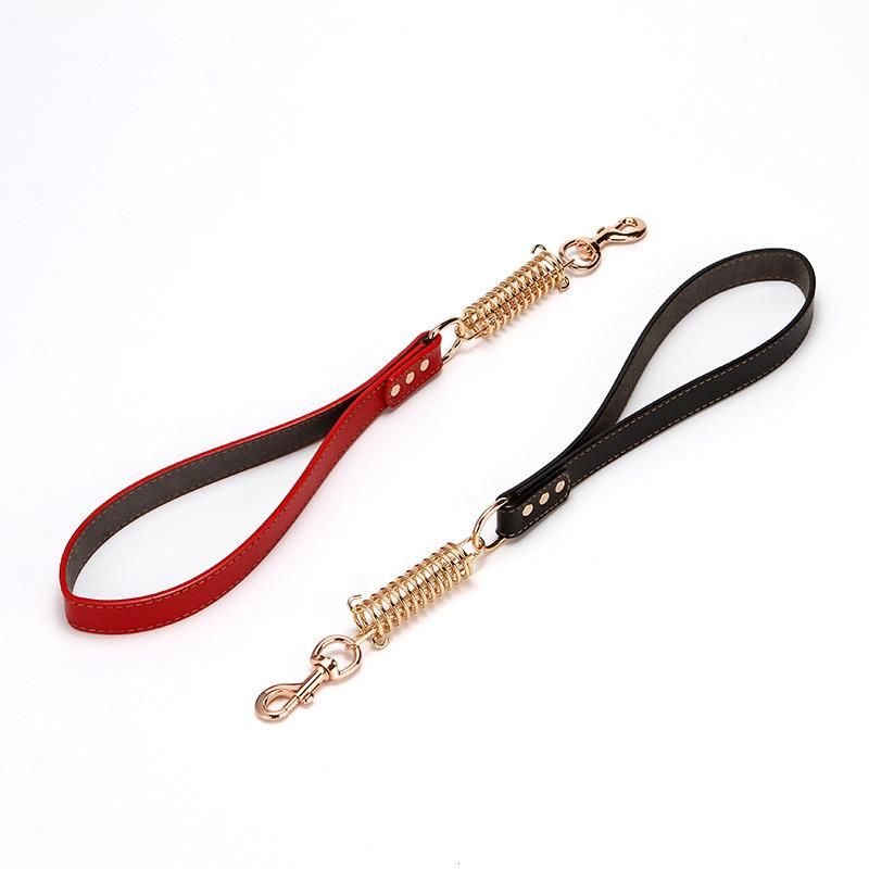 Leather Training Pet Leads Handmade Stainless Steel Metal Spring Elastic Bungee Dog Short Leash