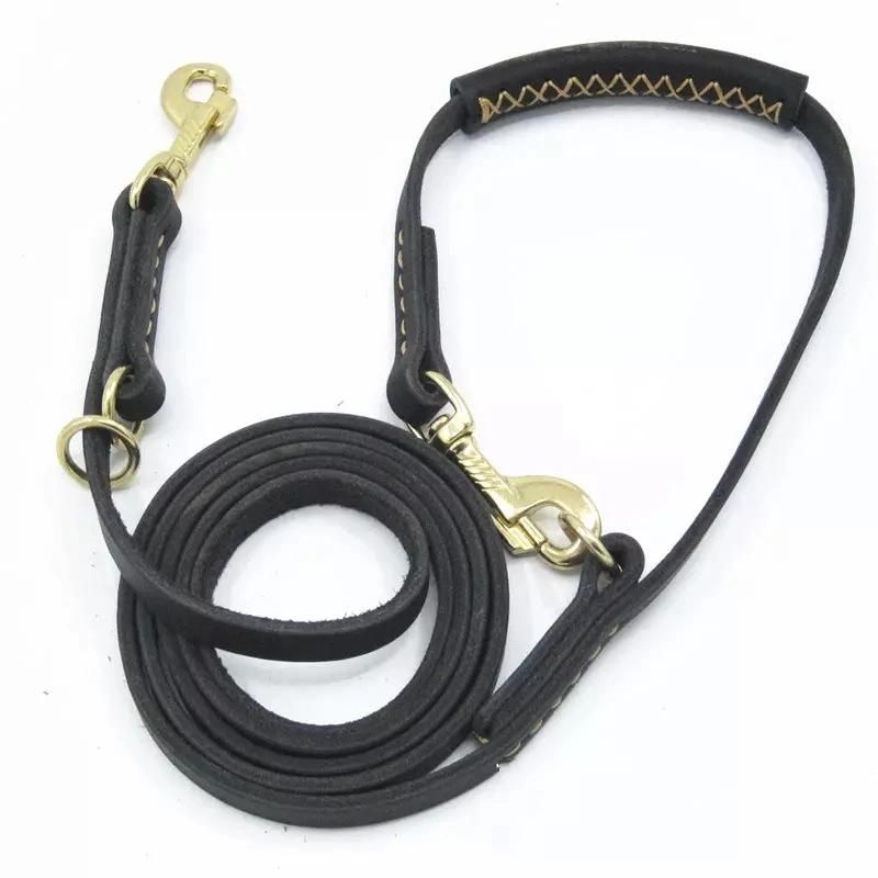 Factory Wholesale Handmade Leather Dog Leash with Two Training Loops.