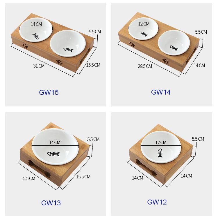 Wood Dog Cat Pet Feeder Stand with Double Bowls Pet Food Feeding Tray