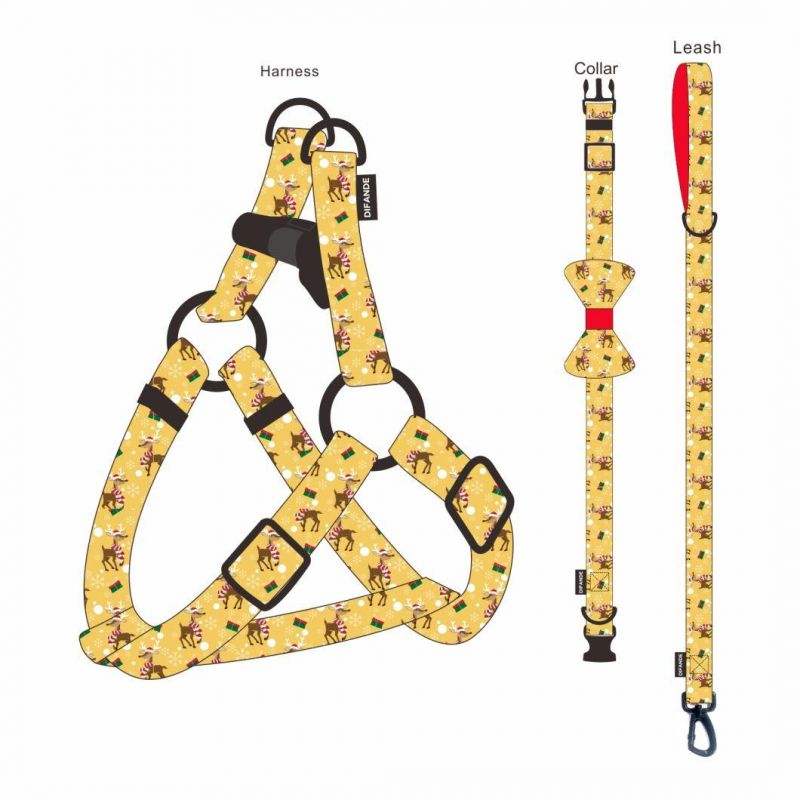 Wholesale Custom Logo Sublimation Christmas Style Patterns Dog Leash Collar and Harness Set with Bandana