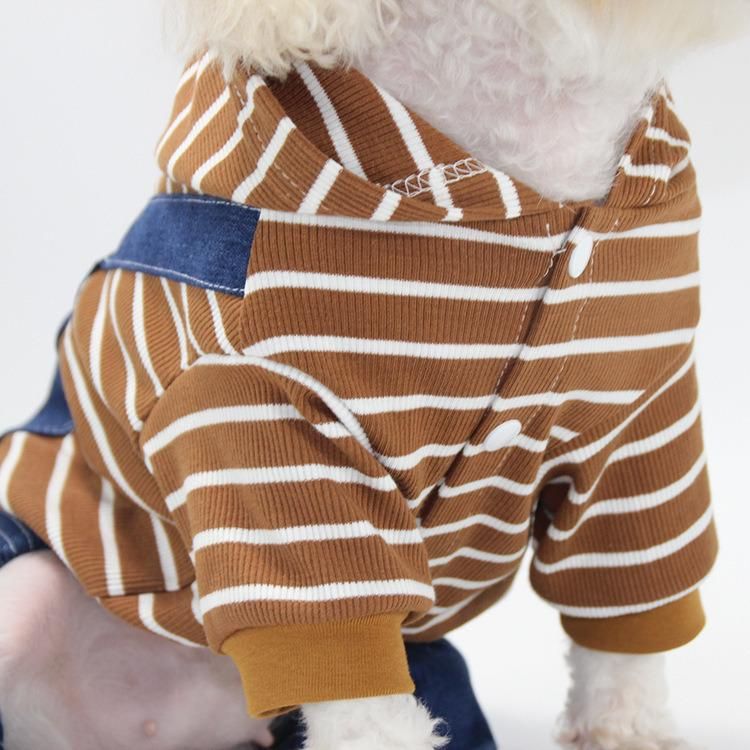 Dog Products, Pet Dog Cat Hoodies Clothes Striped Pajamas Denim Outfits Blue Jeans Jumpsuits One-Piece Jacket Costumes Apparel Hooded Coats for Dog, Cat