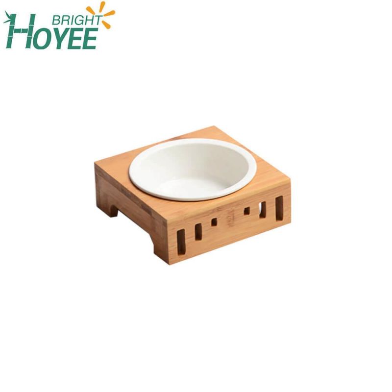 Bamboo Pet Dining Table Oblique Stand with One Bowl