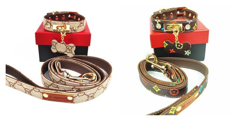 Custom Designer Adjustable Luxury Fashion Pattern Leather Dog Collar and Leash Set