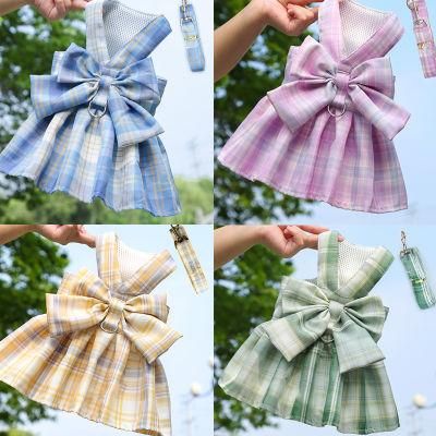 Plaid Pet Harness Vest with Dog Leash Bowknot Princess Dog Dress Puppy Costume Clothes