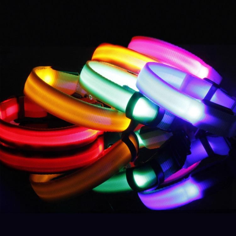 Puppy Dog Collar Glows in Dark Night Safety Flashing Necklace Adjustable Polyester Nylon Lights Pet LED Collars for Dogs