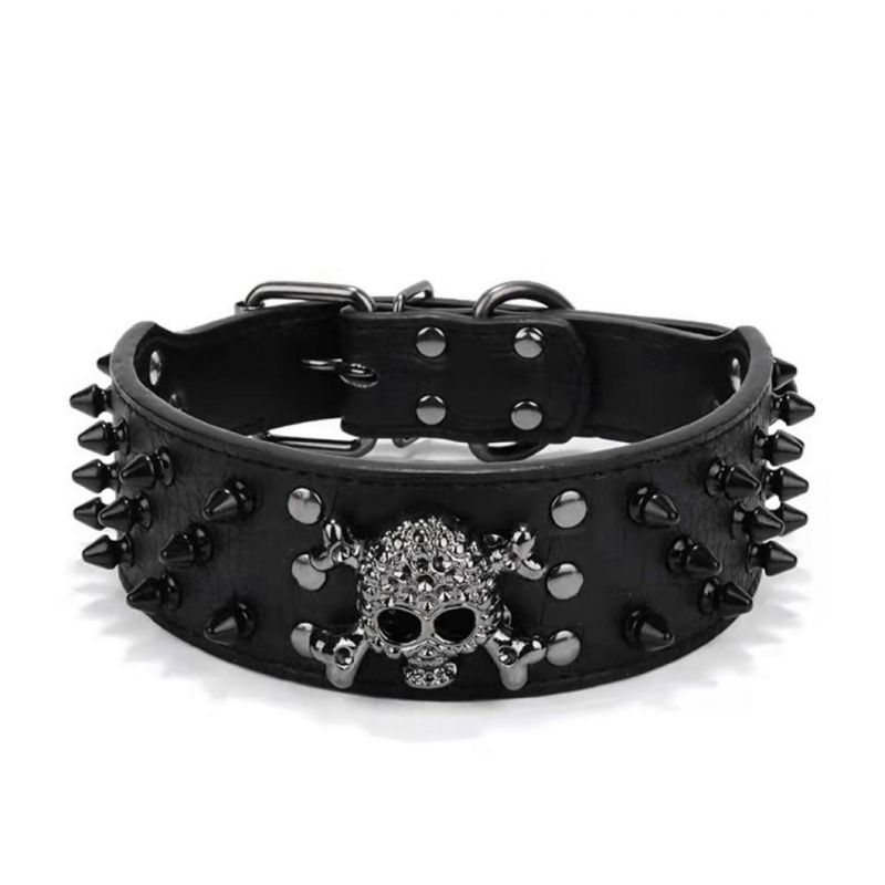 Halloween Skull Pet Collar 3 Rows Rivets Studded PU Leather Dog Collar