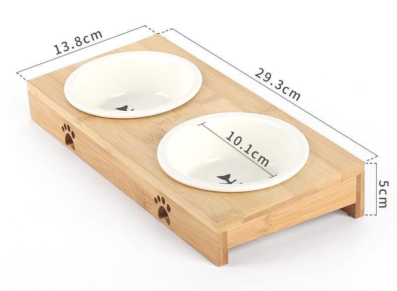 Stainless Steels Pet Dog Cat Food Water Feeder with Double Bowls Fixed Wooden Table