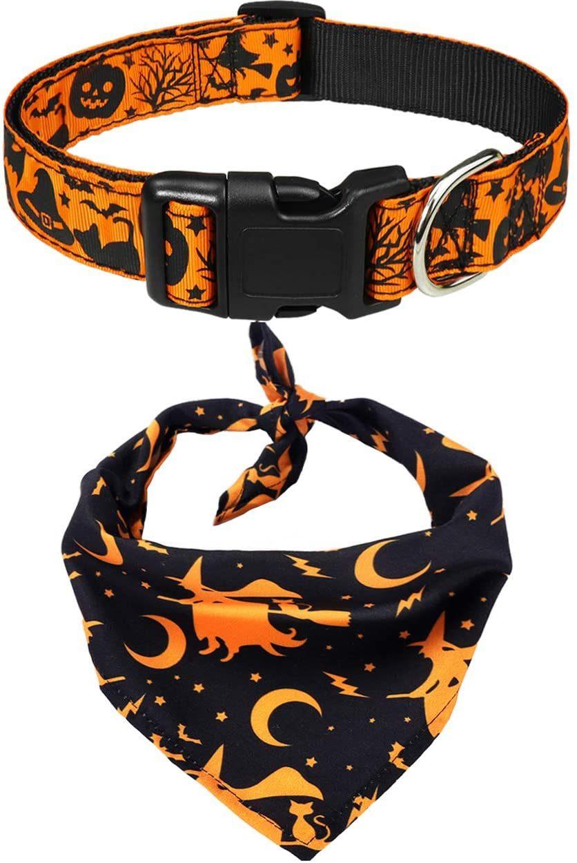 Halloween Dog Bandanas and Collars Set, Pumpkin Witch Ghost Costume Triangle Pet Scarf & Collar