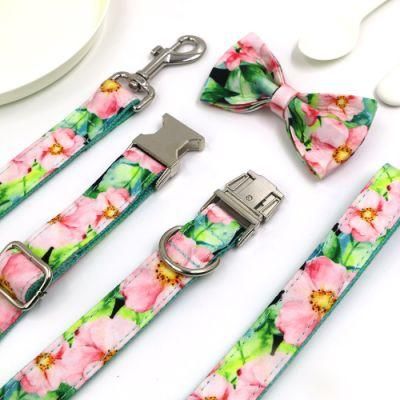Pet Accessories New Arrival Personalized Girl Dogs Bowtie Floral Patterns Green Cotton Webbing Dog Collar Leash Set