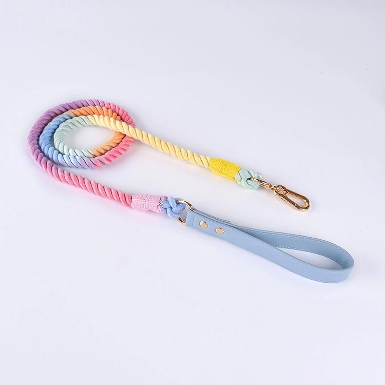 Dropshipper and Wholesale Designers Manufacture Luxury Eco Soft Vegan PU Leather Handle with Braided Multi-Color Rope Dog Leash