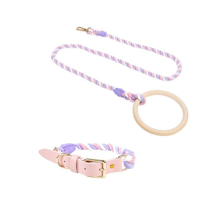 Dropshipping Hot Sale Stocked Designer Luxury Dog Leads Wooden Handle with Colorful Braided Rope Dog Leash and Dog Collar Set