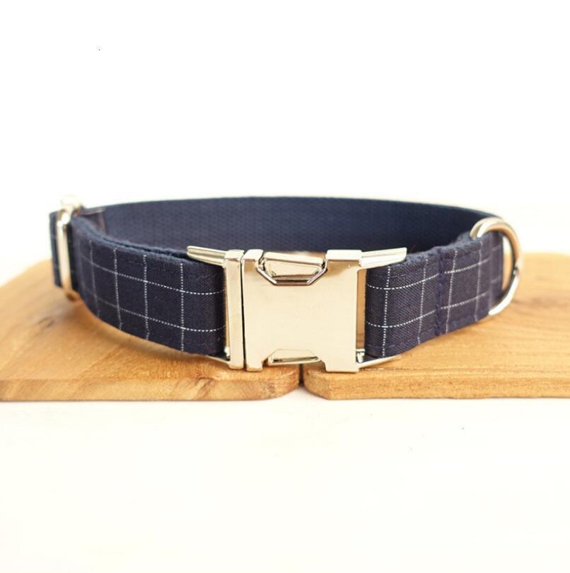 Dark Blue Plaid Polyester Matching Dog Collar and Leash and Bow Tie