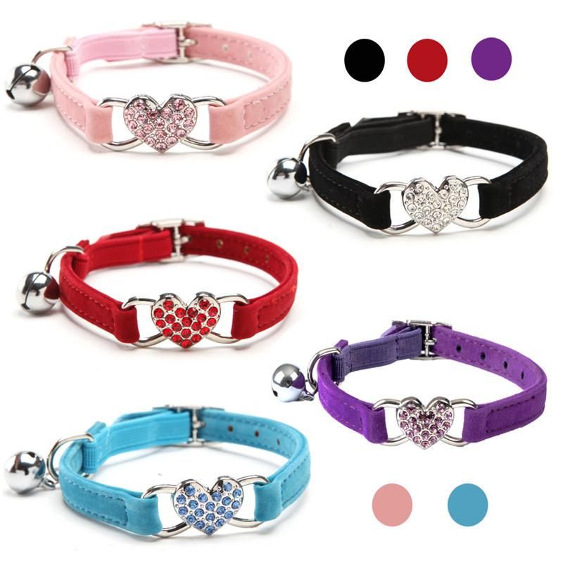 Soft Velvet Heart Charm and Bell Pet Product Cat Collar