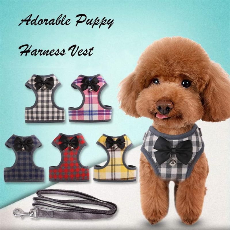 Pet Plaid Dog Cat Bowtie Harness Vest Air Mesh Harness for Puppy and Kitten