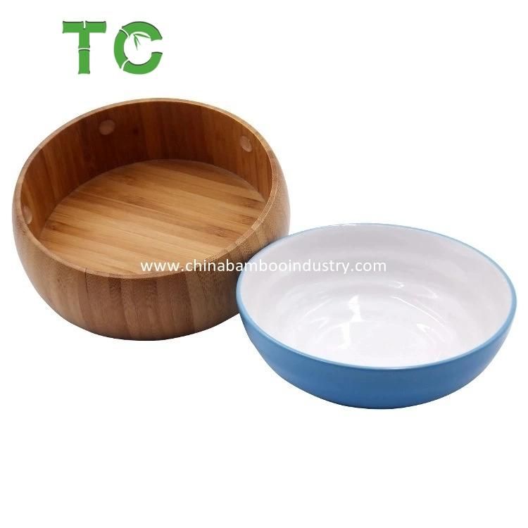 Bamboo Pet Bowls Feeders Ceramic Pet Bowls with Holder Pet Food Water Feeder