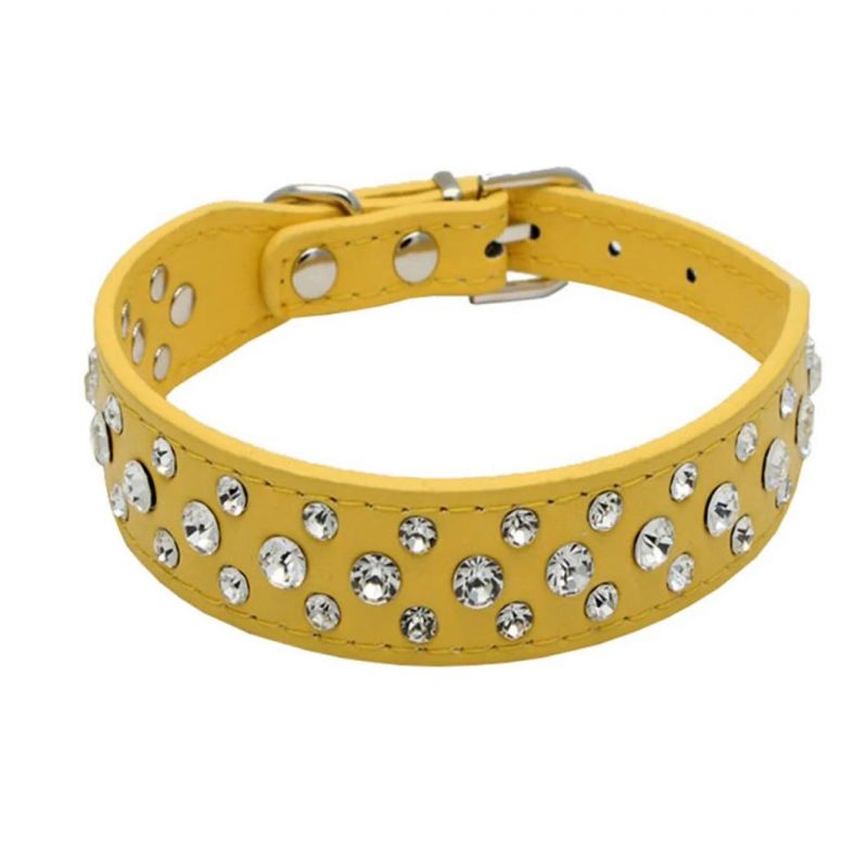 Three Rows Sparkling Rhinestones Pet Collar Durable PU Dog Collar