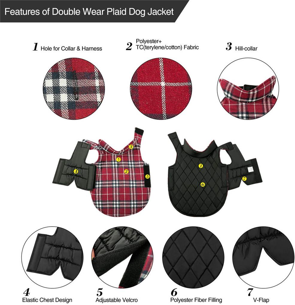 Reversible Dog Jacket Plaid Dog Winter Coat