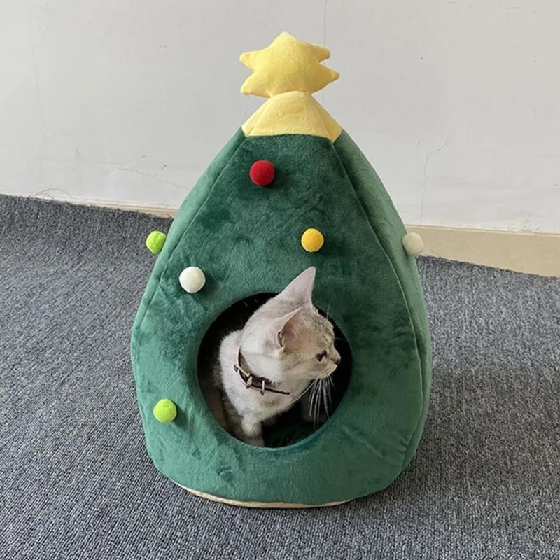 New Pet Cat Dog House Kennel Puppy Sleeping Bed Christmas Tree Shape Winter Warm Bed