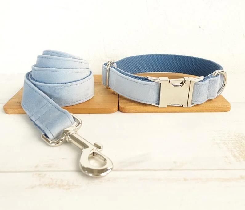 Light Blue Velvet Dog Collar with Matching Leash