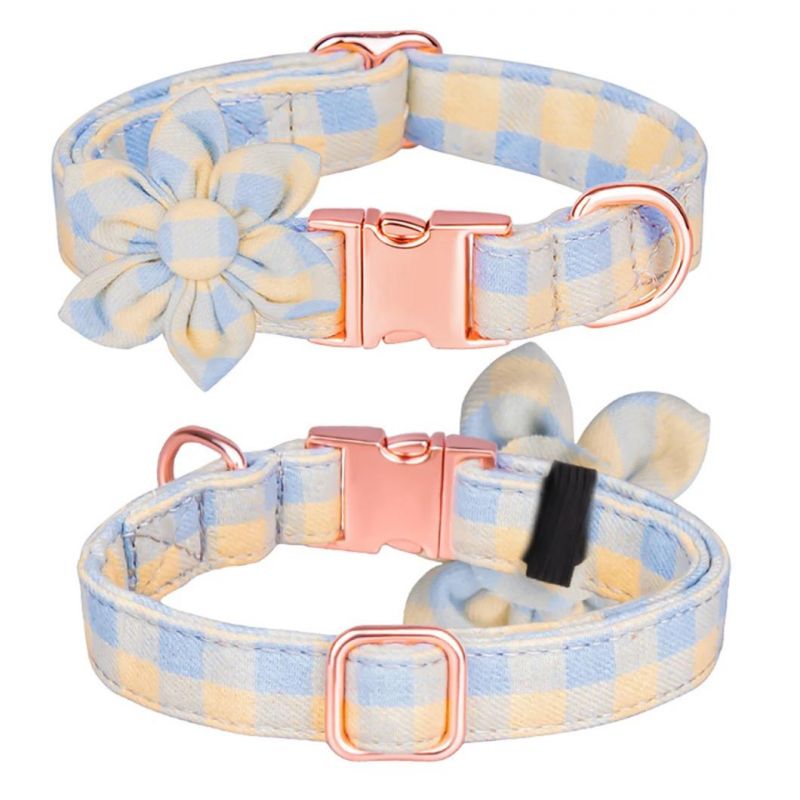 Colorful Plaid Flower Dog Collar with Rose Metal Buckle