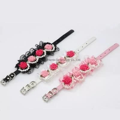 Stylish Flower Lace Pearl Pink White Black Dog Collar Cat PU Leather Collar Necklace Pet Accessories Supplies