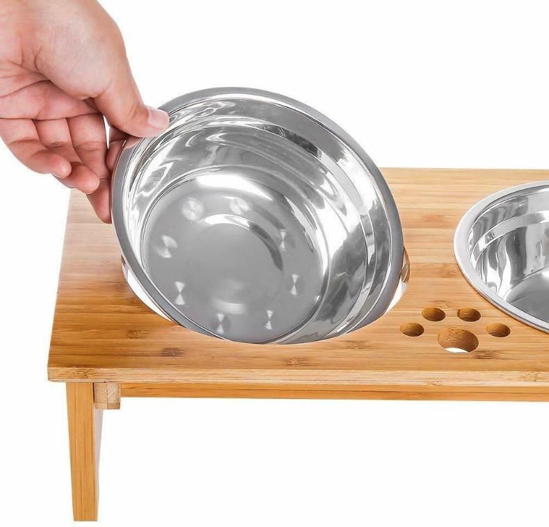 Hot Sale Pine Wood / Bamboo Elevated Dog and Cat Pet Feeder with Two Stainless Steel Bowls