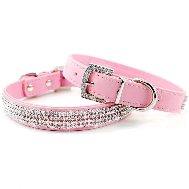 Rhinestones Shing Diamonds PU Leather Dog Collars with Rhinestones Buckle