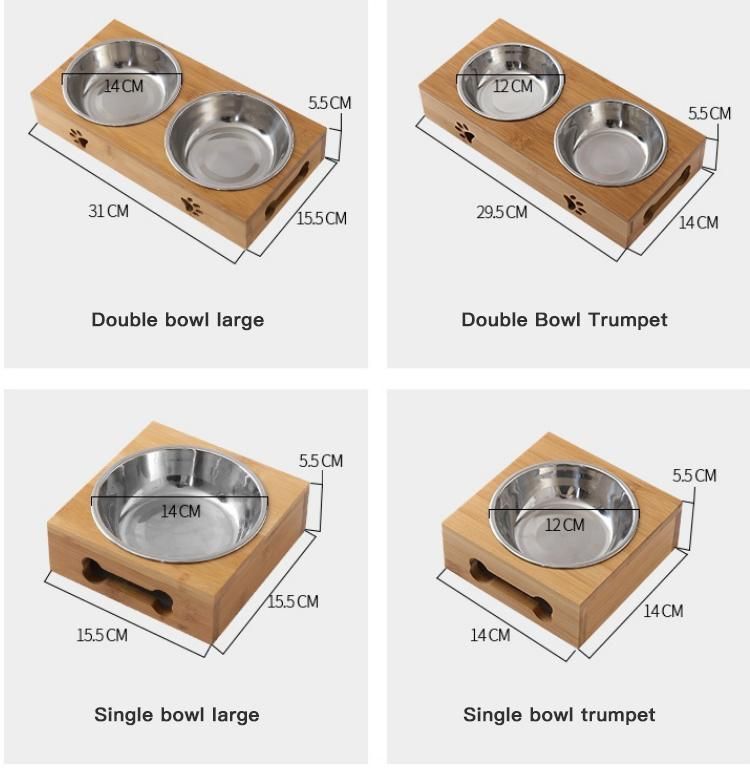 Bamboo Pet Feeder Stainless Steel Bowl Food Water Dish Custom