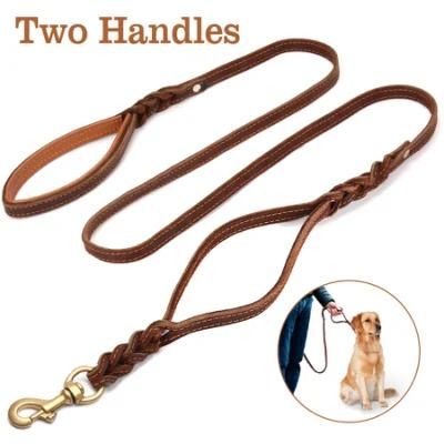 Heavy Duty Leather Dog Leash with 2 Handles, Padded Traffic Handle for Extra Control, 6FT Dog Training Walking Leashes