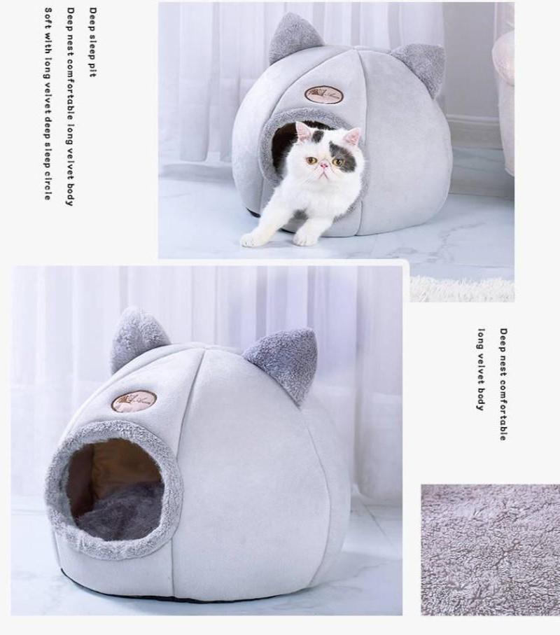2-in-1 Foldable Cat Bed Kitten Cage Nest Indoor Cave House with Removable Soft Mat