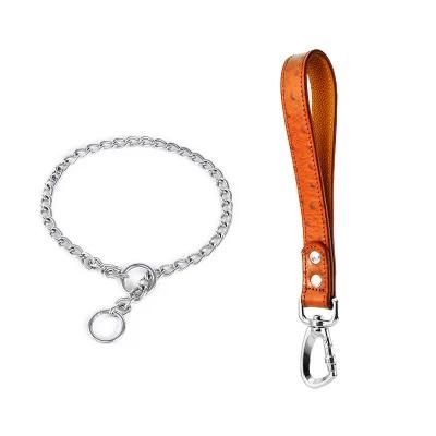 Customized Designer Personal Logo Small Order Metal Chain Big Dog Collar and Leash Set Made Real Leather with Stainless Steel