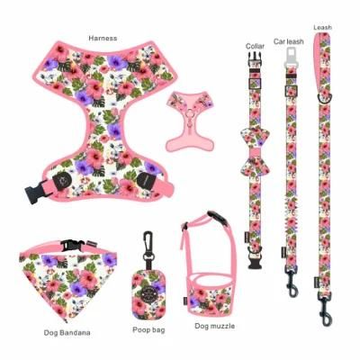 New Design Custom Printed Pet Collar Leash Neoprene Dog Harness Set with Poop Bag Holder