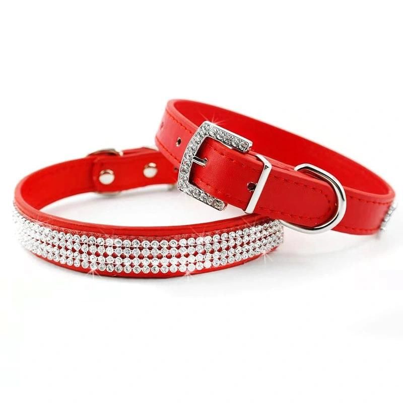 Rhinestones Shing Diamonds PU Leather Dog Collars with Rhinestones Buckle