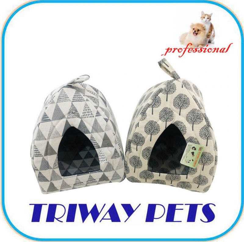 Printed Faux Linen Soft Pyramid Hut Pet Bed