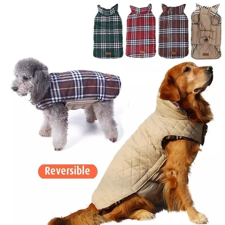 Dog Cold Weather Clothes British Style Plaid Dog Coat Warm Cotton Lined Vest Windproof Outdoor Apparel